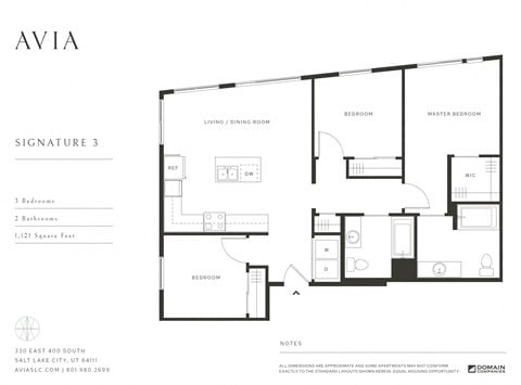 Floor plan for 3 beds, 2 baths, 1121 sqft